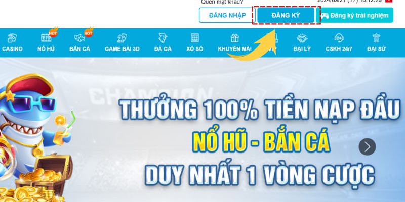 Nhấn vào mục register tại trang chủ nhà cái 